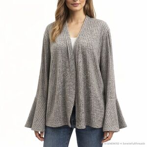 Slouchy Ribbed Bell Sleeve Cardigan Grey Cozy Boho Effortless XL